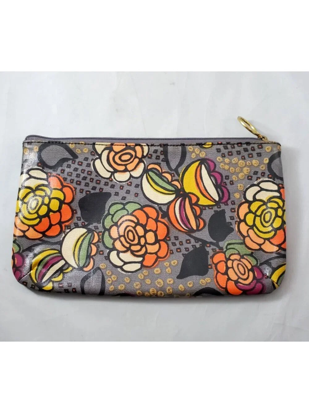 FOSSIL Key-Per Gray Floral Makeup Zip Pouch Bag Coated Canvas Cosmetic Travel